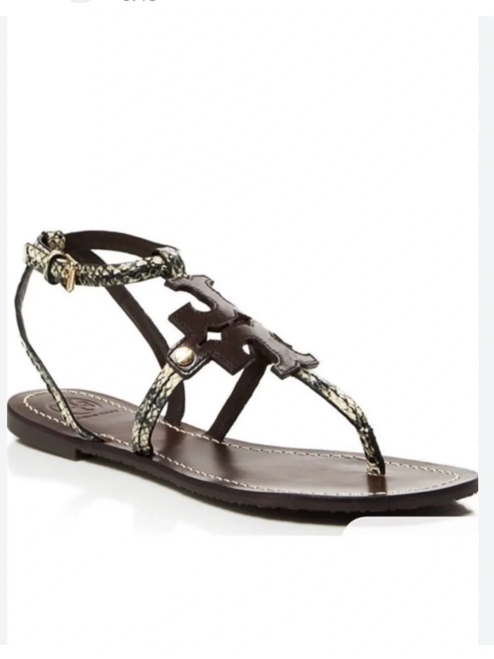 Tory Burch Snake print Leather T-Strap Flat Sandals 7 Brown